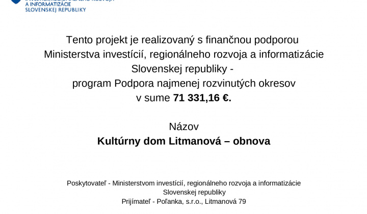 Projekt: Kultúrny dom Litmanová – obnova