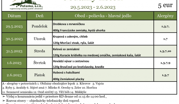 Jedálny lístok 29.05.2023 - 02.06.2023