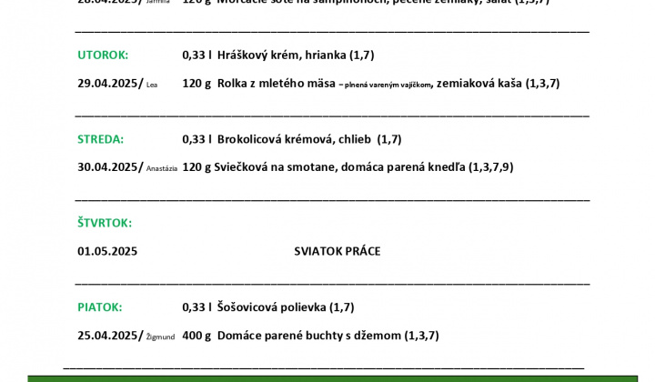 Denné obedové menu 28.04.2025 - 02.05.2025