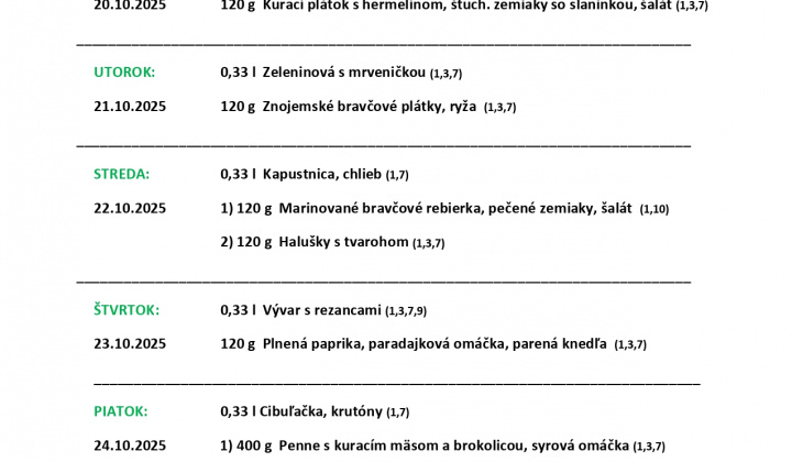 Denné obedové menu 20.10.2025 - 24.10.2025
