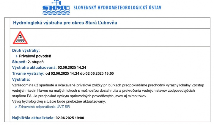 Hydrologická výstraha pre okres Stará Ľubovňa