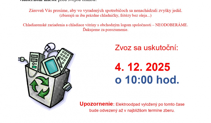 Spoločnosť H+EKO, spol. s r.o. uskutoční v obci zvoz nefunkčných elektrospotrebičov - 04.12.2025 o 10:00 hod.
