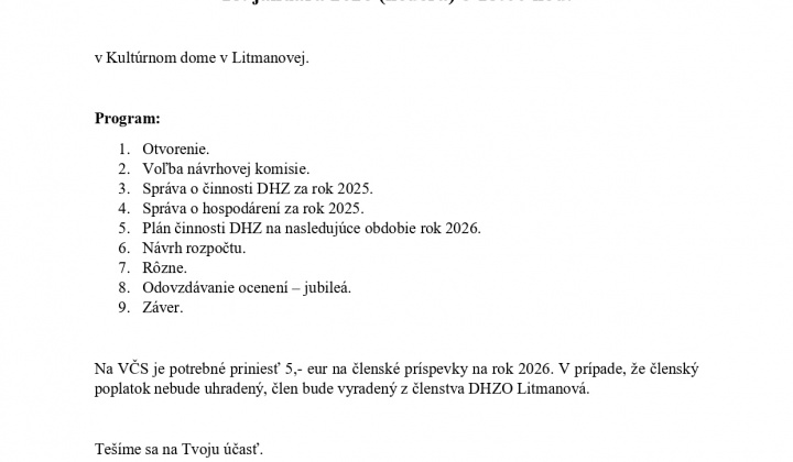 POZVÁNKA - výročná členská schôdza DHZO