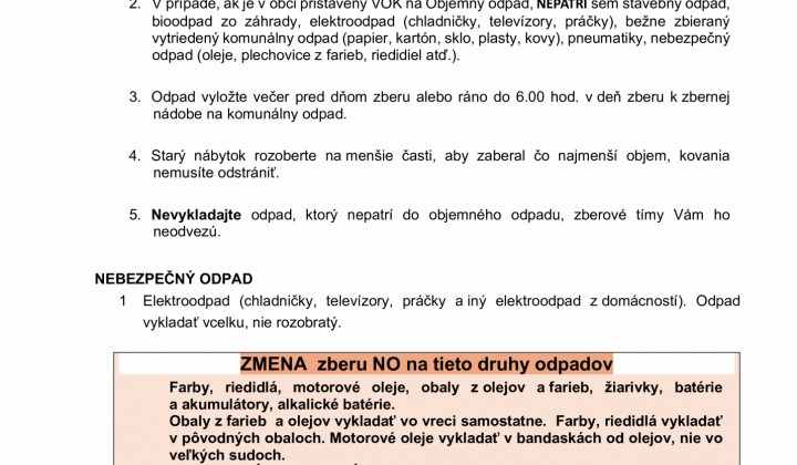 ZBER OBJEMNÝCH ODPADOV A NEBEZPEČNÝCH ODPADOV Z DOMÁCNOSTÍ - 24.04.2026 