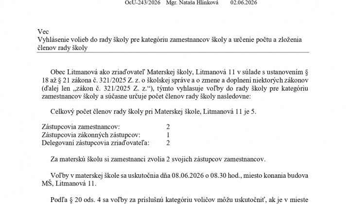 Vyhlásenie volieb do rady školy pre kategóriu zamestnancov školy a určenie počtu a zloženia členov rady školy