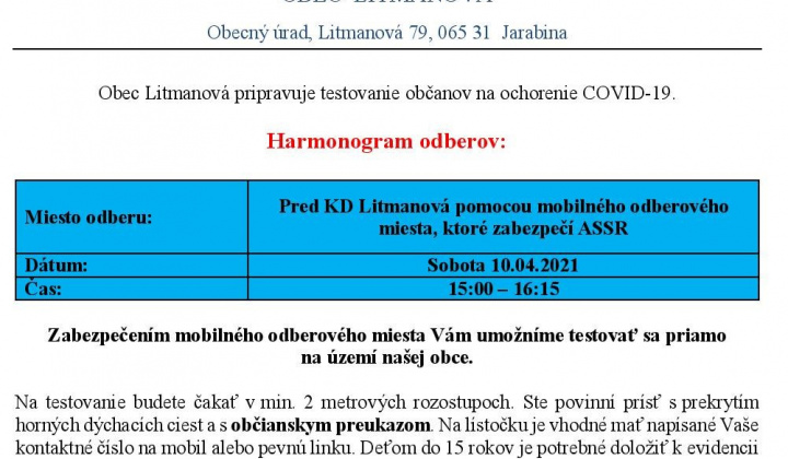 Testovanie občanov na ochorenie COVID-19 - 10.04.2021
